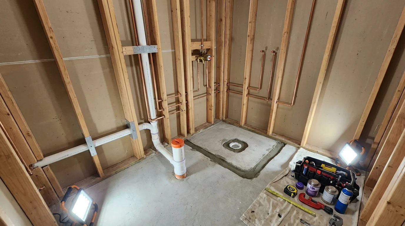 Bathroom rough-in plumbing during remodel by Johns Plumbing LLC in West Yellowstone