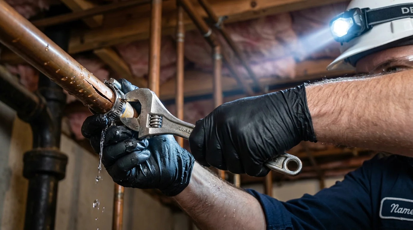 Emergency pipe clamp repair being performed by a Johns Plumbing LLC plumber in West Yellowstone