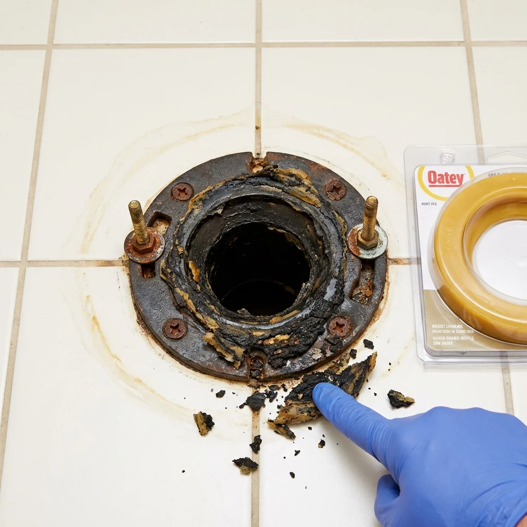Failed wax ring showing water seepage at the base of a toilet in a West Yellowstone, MT home
