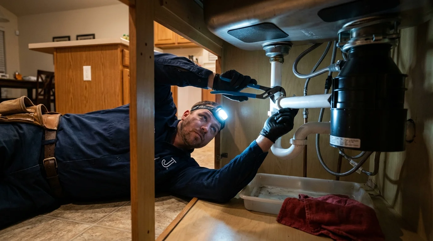 P-trap and supply line connections under a kitchen sink showing a common leak point in West Yellowstone, MT